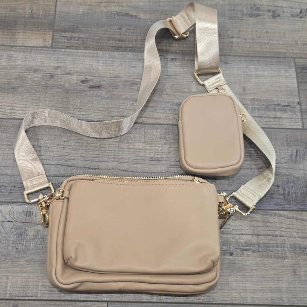 Tan Faux Leather Triple Zip Crossbody Bag Removable Pouches Ear Pods Holder